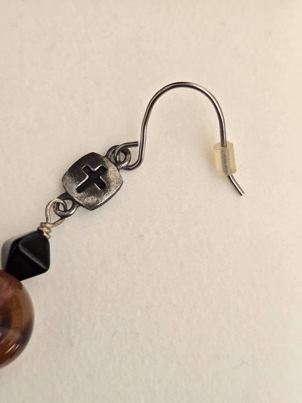 Women’s Cross Accent Dangle Earrings - Black, Amber & White Beads - Picture 3 of 4